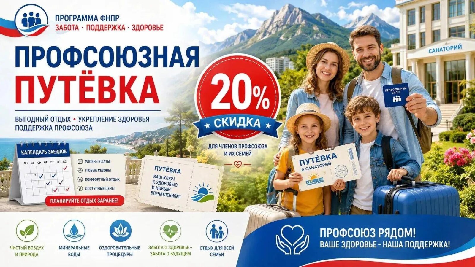 Программа ФНПР «Профсоюзная путёвка»: отдых и оздоровление со скидкой для членов профсоюза